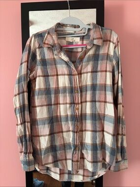 Light Plaid Flannel Shirt in Blush, Blue & Brown